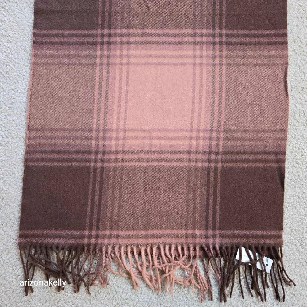 NWT Cashmere Wool Plaid Scarf Fringe Pink Brown
